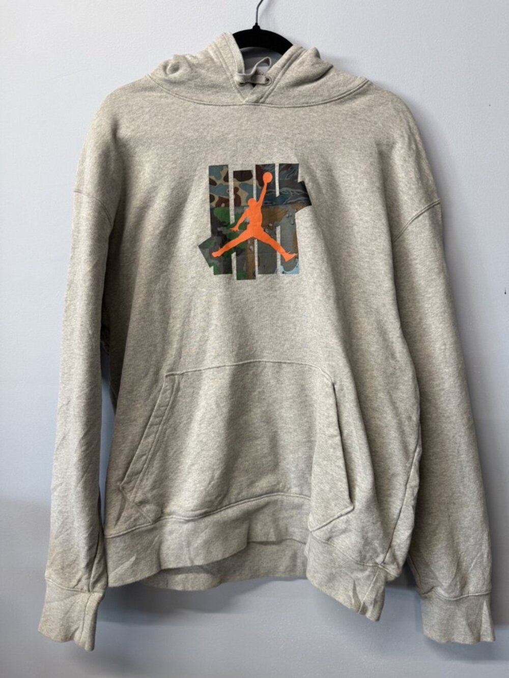 Jordan Hoodie With Camouflage Graphic & Orange Logo Heather Gray Pullover Style